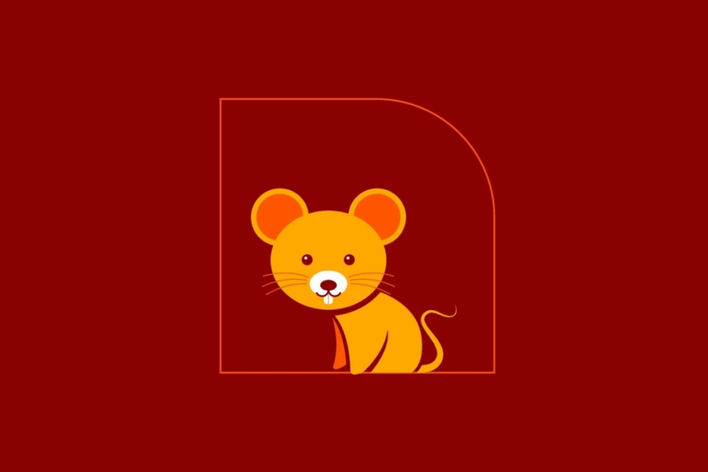 Ilustração vetorial simplificada de um rato amarelo e laranja sobre um fundo vermelho.
