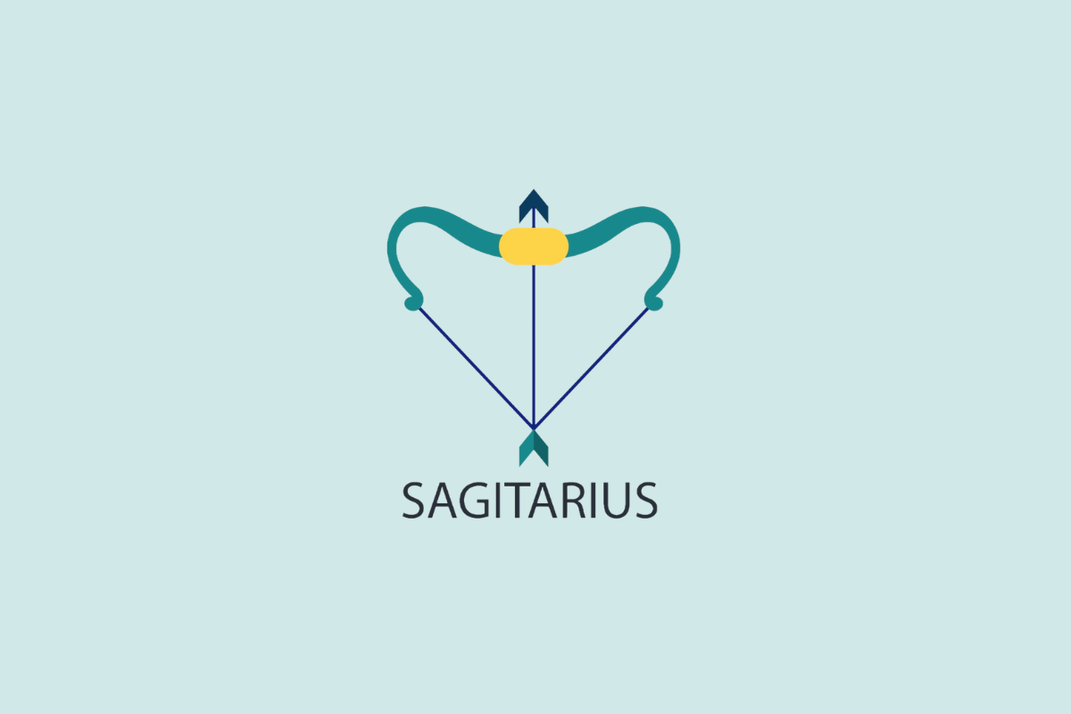 Ilustração vetorial em estilo plano de um arco esticado com uma flecha apontada para cima, sobre um fundo azul-claro com a palavra "SAGITARIUS" escrita abaixo.