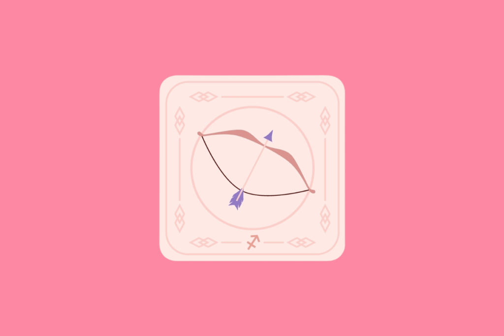 Ilustração estilizada de uma carta com fundo rosa pastel. No centro, dentro de uma moldura circular, há a figura de um arco e flecha com detalhes em roxo. Na parte inferior da carta, encontra-se o símbolo do signo de Sagitário.