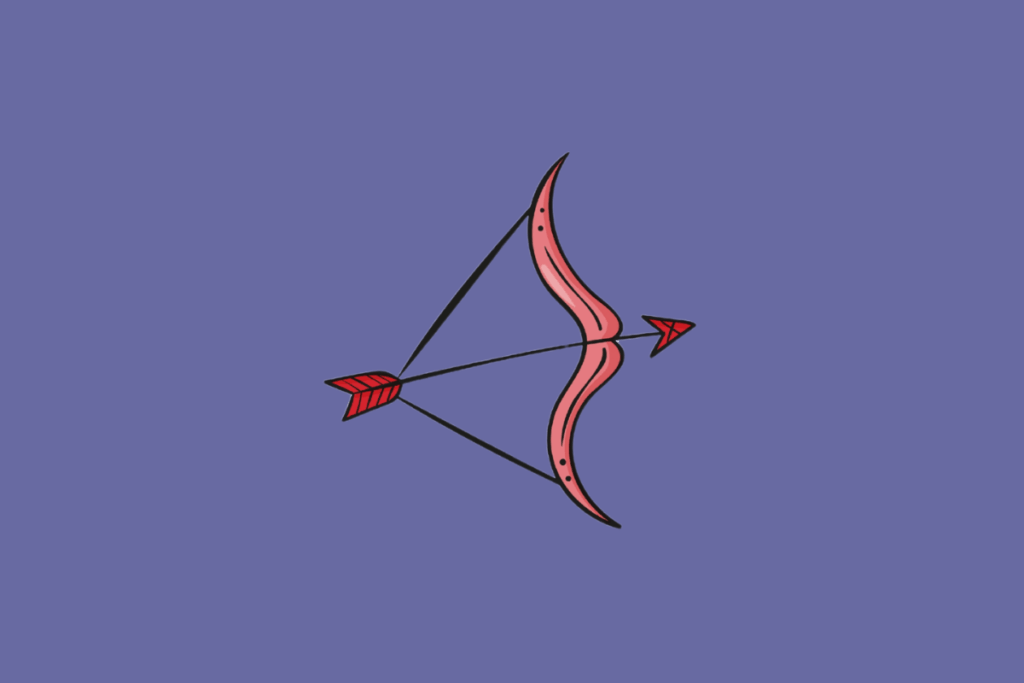 Ilustração estilizada de um arco e flecha em tom rosa e vermelho sobre fundo roxo.