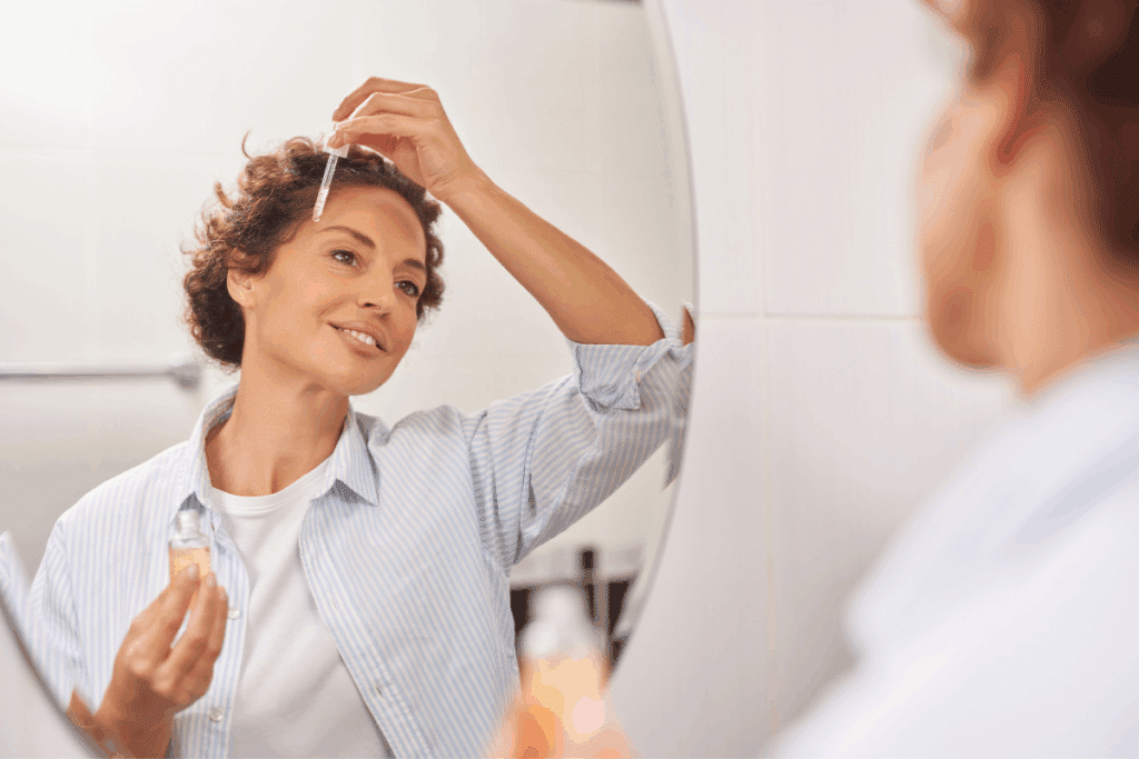 Reflexo no espelho de uma mulher de cabelo curto e cacheado aplicando um sérum no rosto com um conta-gotas. Ela sorri suavemente, vestindo uma camisa listrada aberta sobre uma camiseta branca, enquanto segura o frasco do produto com a outra mão.