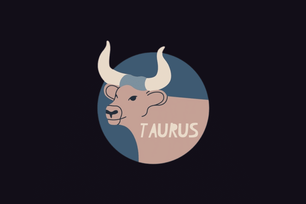 Ilustração do signo de Touro com o texto "Taurus", mostrando a cabeça e o pescoço de um touro bege com chifres grandes curvados sobre um fundo circular azul.