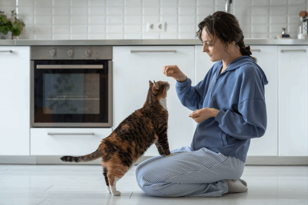Uma mulher vestindo um moletom azul e calças listradas está ajoelhada no chão da cozinha. Ela está segurando um petisco para cima e seu gato malhado, em pé sobre as patas traseiras, está olhando para o petisco.