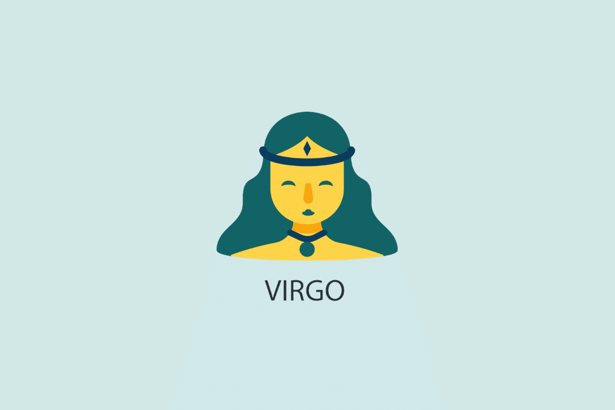 Ilustração vetorial em estilo plano do rosto de uma mulher de cabelos longos e tiara, em tons de amarelo e azul, sobre um fundo azul-claro com a palavra "VIRGO" escrita abaixo.
