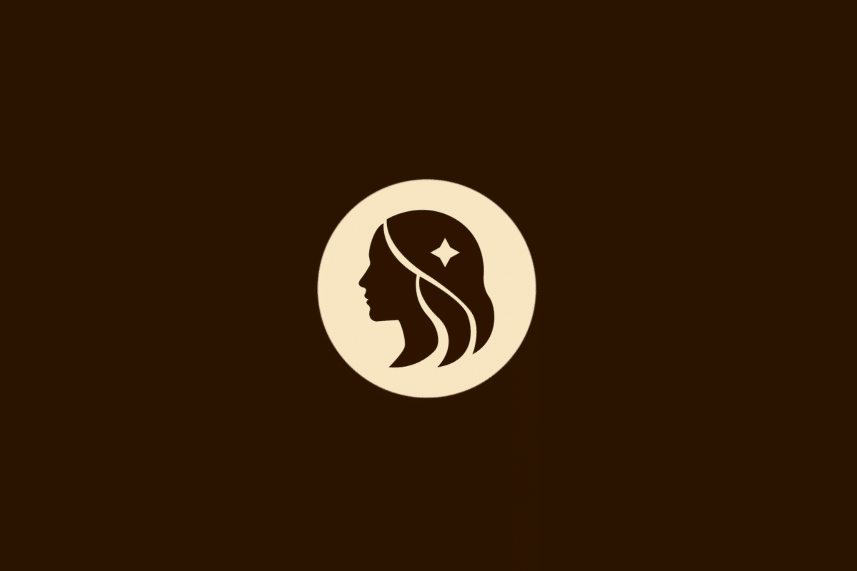 Ilustração vetorial do signo de Virgem, representada pelo perfil da cabeça de uma mulher com cabelos longos e uma estrela de quatro pontas ao lado, dentro de um círculo bege sobre fundo marrom.