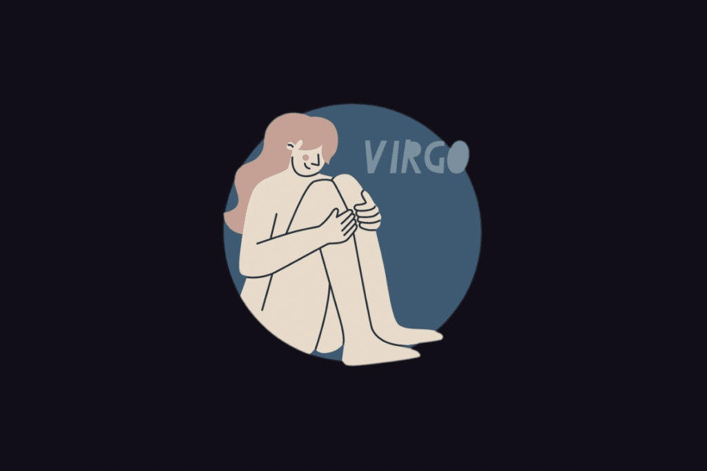 Ilustração do signo de Virgem com o texto "Virgo", retratando uma mulher sentada abraçando os joelhos sobre um fundo circular azul.