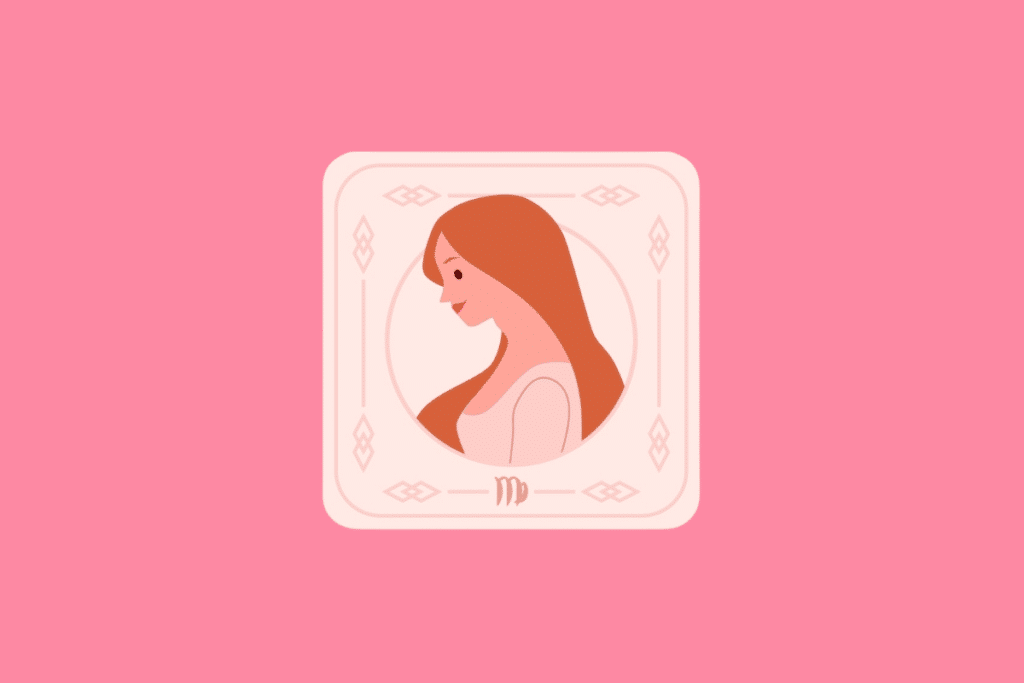 Ilustração estilizada de uma carta com fundo rosa pastel. No centro, dentro de uma moldura circular, há o perfil de uma mulher com longos cabelos ruivos. Na parte inferior da carta, encontra-se o símbolo do signo de Virgem.