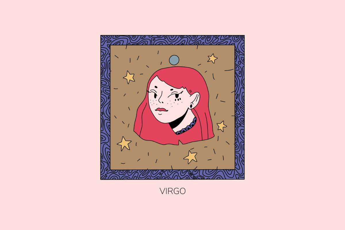 Ilustração estilizada do signo de Virgem, retratando o rosto de uma jovem de cabelos rosa com sardas cercada por estrelas amarelas, em moldura roxa com fundo castanho e a palavra "Virgo" abaixo.