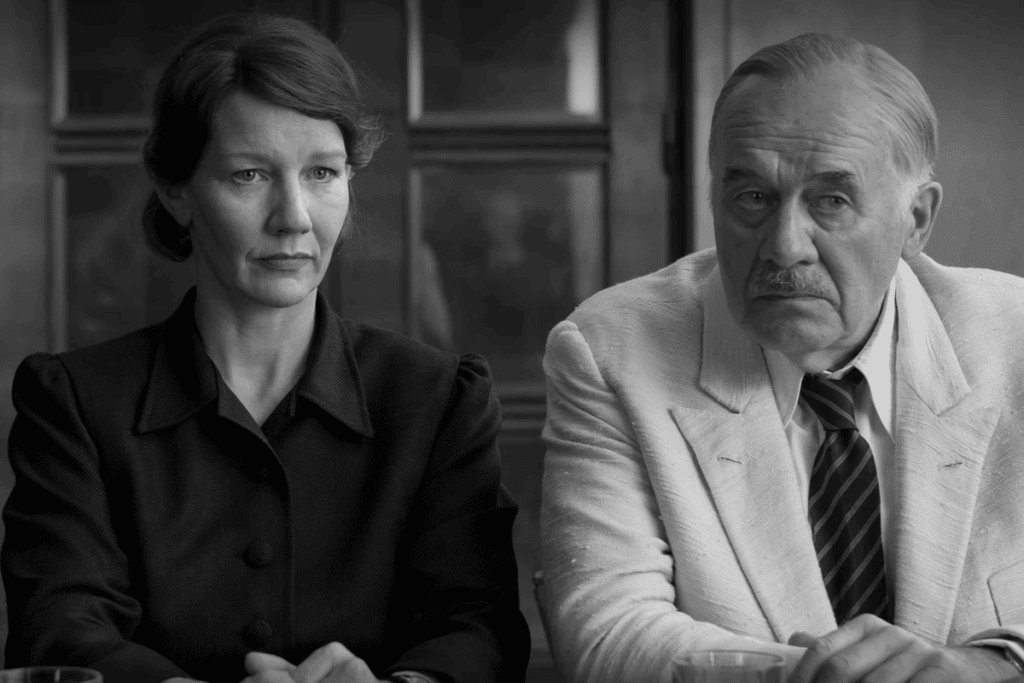 Sandra Hüller e Hanns Zischler, como Thomas Mann, em cena em preto e branco de “A Terra do Meu Pai”. Uma mulher de cabelo preso e casaco escuro e um homem idoso de bigode, terno claro e gravata listrada estão sentados lado a lado a uma mesa, com as mãos entrelaçadas e expressão séria.