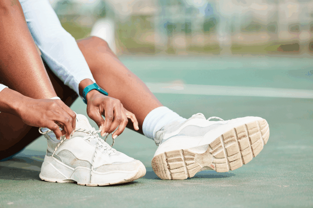 Fotografia de uma pessoa sentada no chão de uma quadra esportiva, amarrando os cadarços de um tênis branco. Ela veste roupa esportiva clara, meias brancas e uma pulseira inteligente azul-turquesa. Ao fundo, aparece a superfície esverdeada da quadra, com detalhes desfocados.