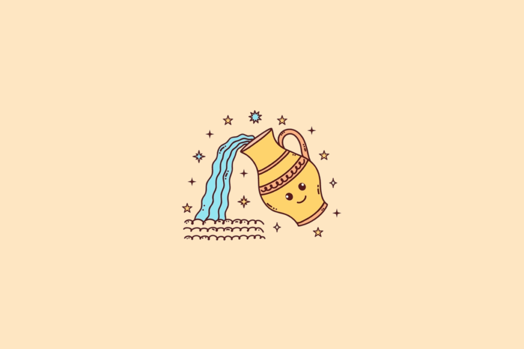 Ilustração de um jarro amarelo sorridente derramando água azul sobre pequenas ondas, cercado por estrelas em tons de azul, amarelo e marrom, sobre fundo bege-claro.