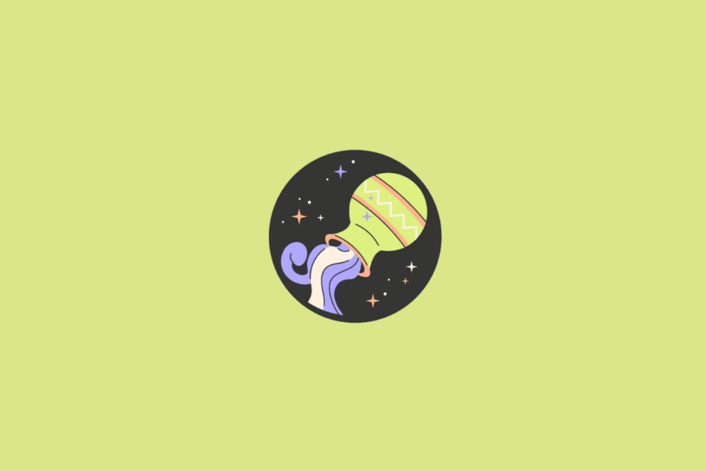 Ilustração de um jarro inclinado, com corpo verde-claro, faixa diagonal alaranjada e detalhes em branco, amarelo e lilás. Do jarro, sai um fluxo de água representado por formas onduladas em lilás e branco. A imagem está dentro de um círculo preto com pequenas estrelas coloridas. Em fundo verde-claro.