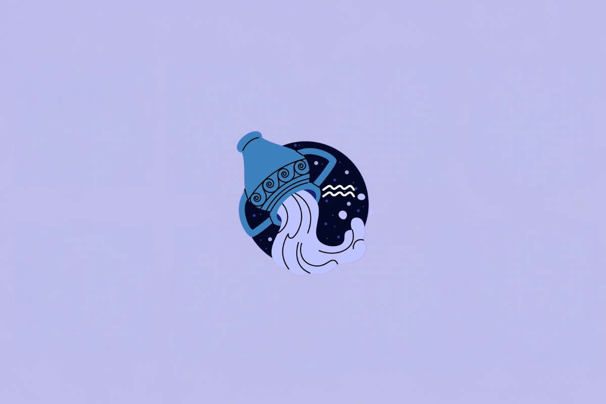 Ilustração do signo de Aquário. Um vaso azul inclinado despeja água para a parte inferior. O vaso possui detalhes decorativos em azul-escuro e azul-claro. Atrás dele há um círculo azul-marinho com pequenos pontos que lembram estrelas. Em fundo roxo-claro.