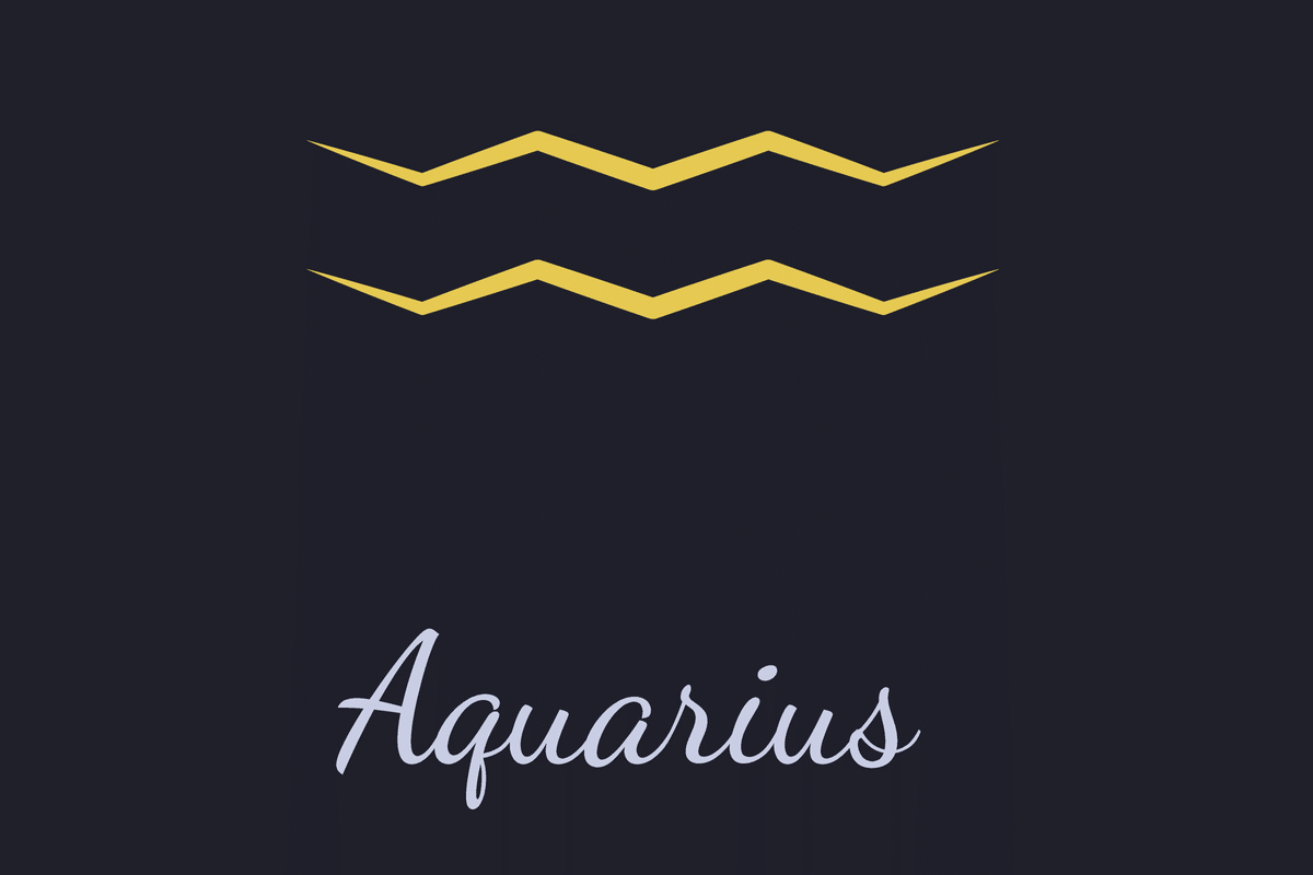 A imagem mostra o símbolo astrológico de Aquário em dourado, representado por duas linhas paralelas em zigue-zague, semelhantes a ondas. Abaixo, o nome “Aquarius” aparece em letras cursivas cinza-claras, sobre um fundo azul-escuro quase preto.