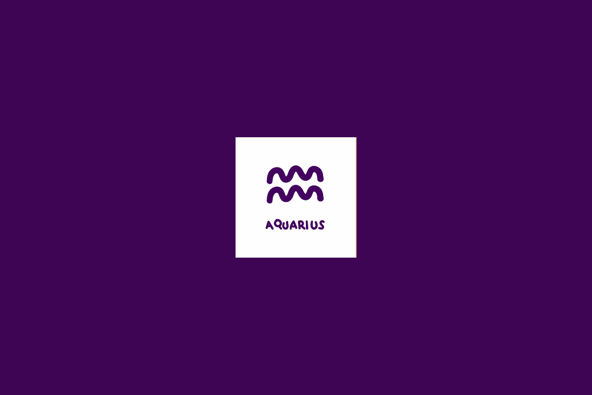 Ilustração do signo de aquário dentro de um quadrado branco e centralizado em fundo roxo-escuro