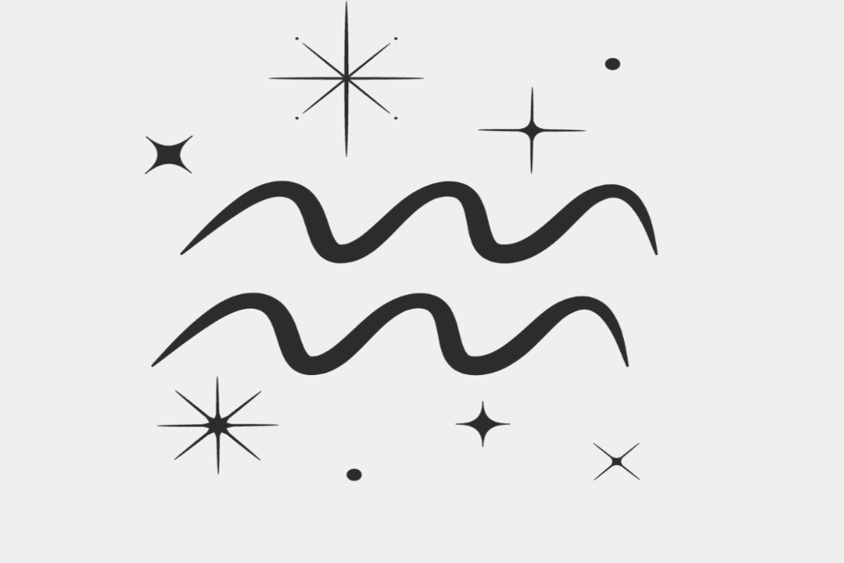 Imagem com fundo cinza-claro, apresentando o símbolo astrológico do signo de Aquário em preto, formado por duas linhas onduladas e paralelas. Ao redor, aparecem estrelas de quatro e oito pontas, além de pequenos pontos pretos, remetendo ao universo da astrologia.