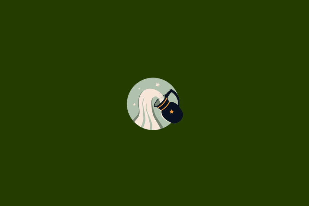 Ilustração de um jarro azul-escuro inclinado, derramando água branca dentro de um círculo verde-claro. Há pequenas estrelas em tons claros ao redor do desenho. O fundo é verde-escuro uniforme.