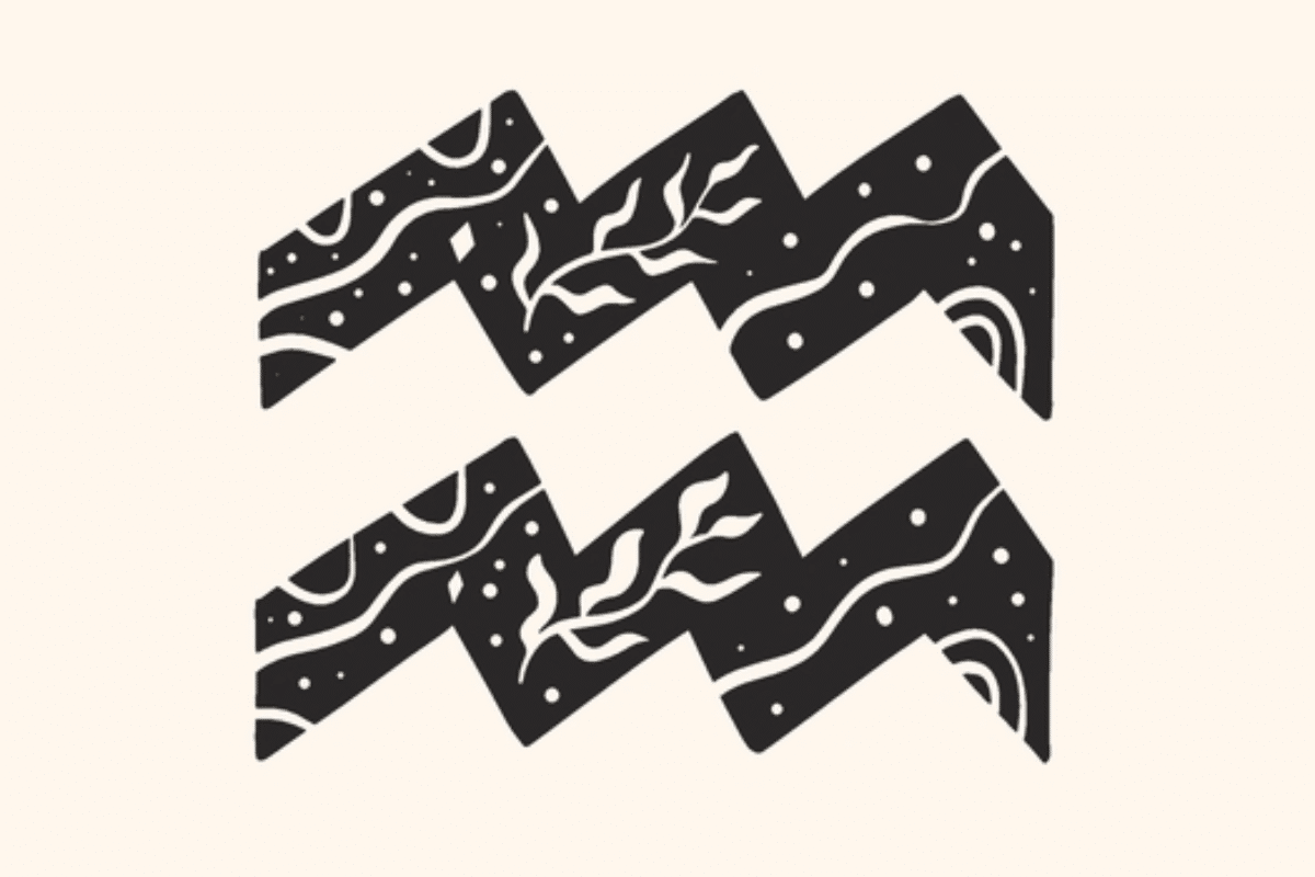 A imagem apresenta o símbolo do signo de aquário em preto, centralizado sobre um fundo claro. O ícone é decorado com folhagens, pequenos pontos, formas solares e detalhes celestes, criando uma estética mística e delicada.