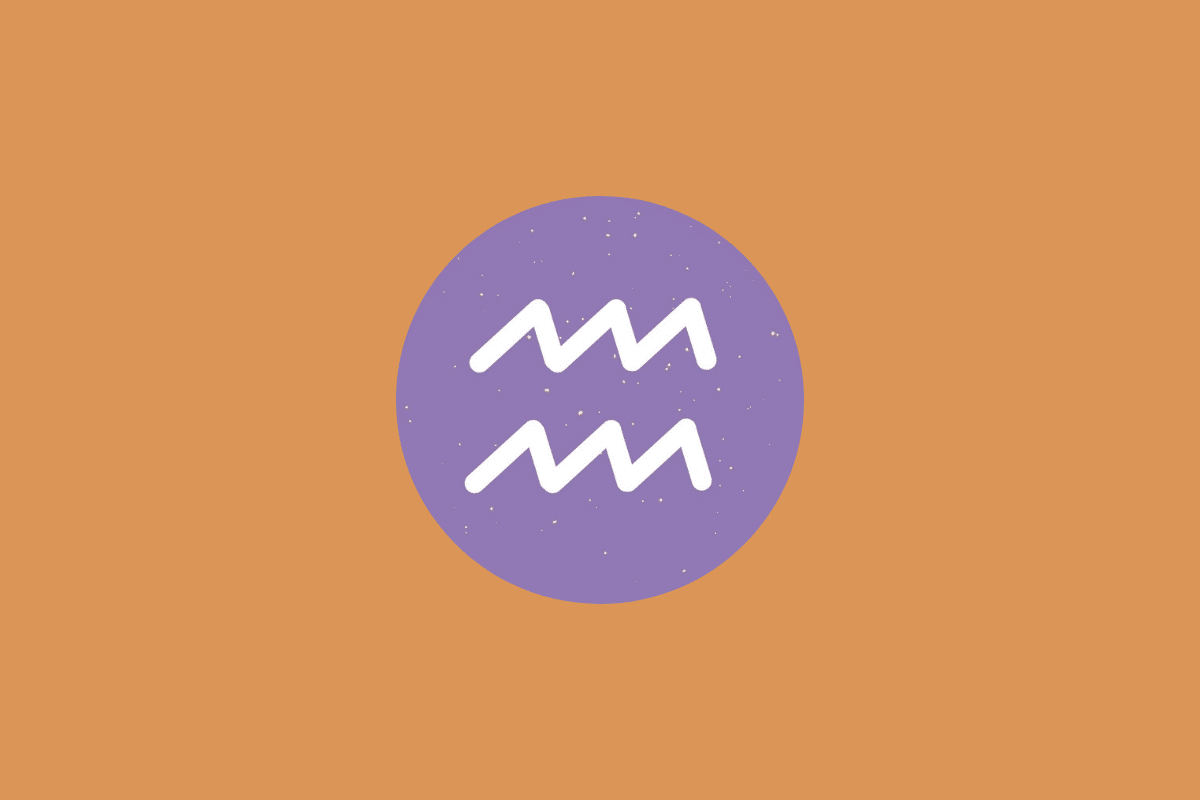 Símbolo do signo de Aquário em branco, composto por duas linhas paralelas em zigue-zague, dentro de um círculo roxo sobre fundo alaranjado