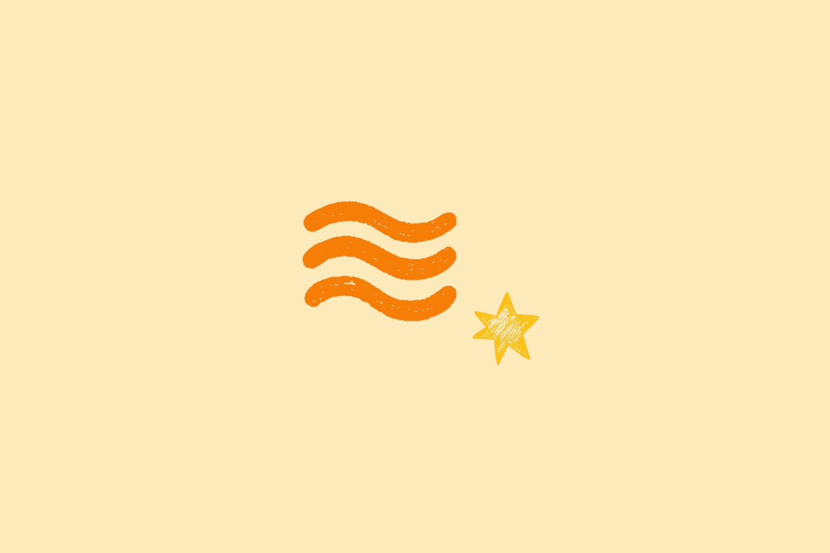 Ilustração do símbolo do signo de Aquário, representado por três linhas onduladas na cor laranja, acompanhadas de uma pequena estrela amarela sobre fundo bege-claro.