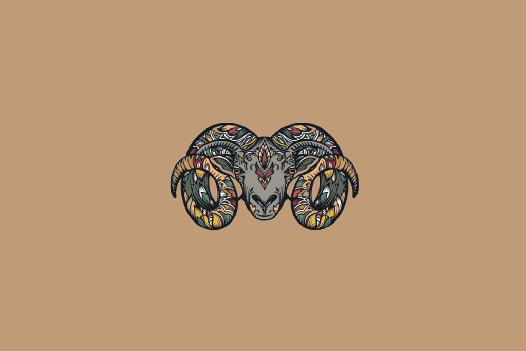 Ilustração do símbolo do signo de Áries, representado por um carneiro de frente, com chifres grandes e detalhes coloridos em estilo artístico sobre fundo bege.