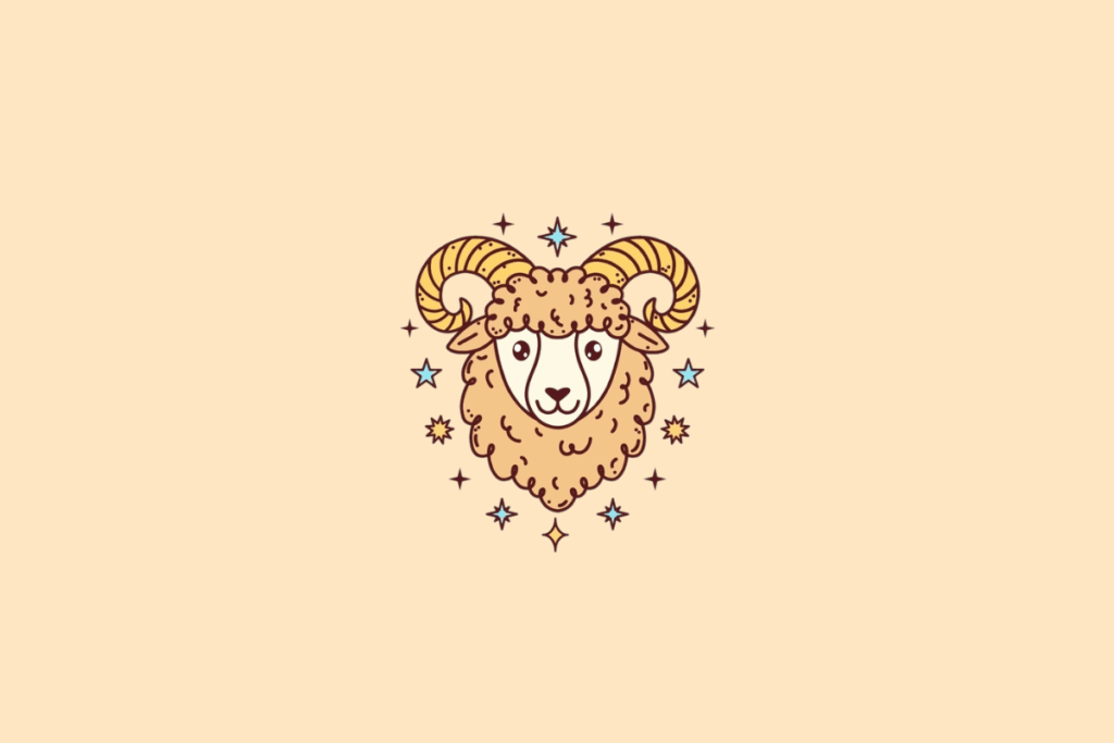 Ilustração de um carneiro de lã bege, com grandes chifres curvados para os lados, olhos expressivos e focinho branco. Pequenas estrelas azuis, amarelas e marrons decoram o fundo bege-claro.