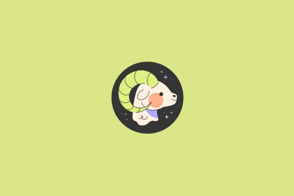 Ilustração de um carneiro de perfil, voltado para a direita. O animal tem o rosto creme, bochecha alaranjada, chifres grandes em verde-limão e detalhes em lilás. Há linhas pretas que marcam os contornos e os traços do rosto. A imagem está dentro de um círculo preto com pequenas estrelas coloridas. Em fundo verde-claro.