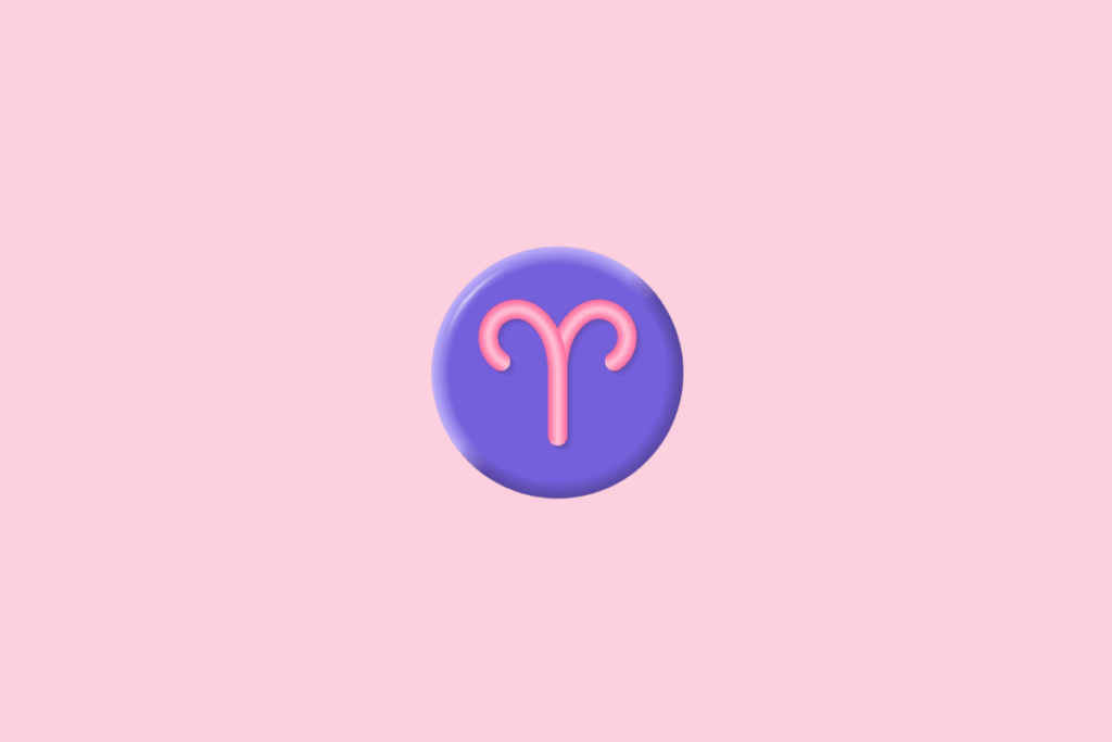 Símbolo do signo de Áries, formado por duas curvas que lembram chifres de carneiro, com uma haste vertical central, em rosa, com aparência tridimensional e brilhante. O símbolo está centralizado em um círculo roxo com bordas iluminadas, sobre fundo rosa-claro.