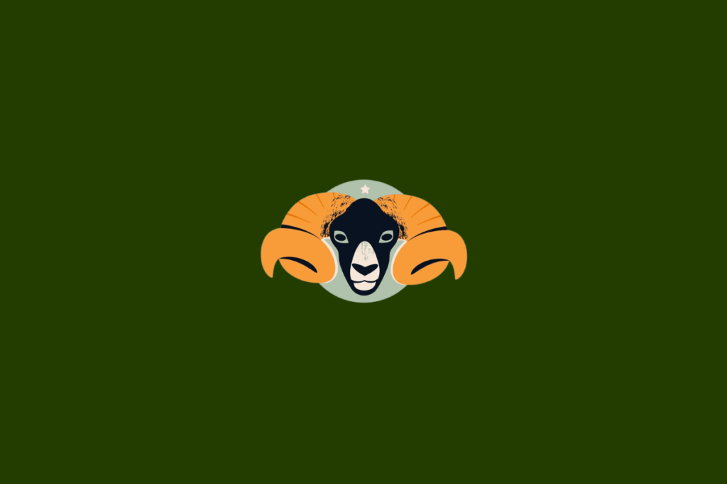 Cabeça de carneiro de frente, com rosto azul-marinho, focinho creme e grandes chifres curvados em laranja. A figura aparece sobre um círculo verde-sálvia, decorado com uma pequena estrela clara. O fundo é verde-escuro uniforme.