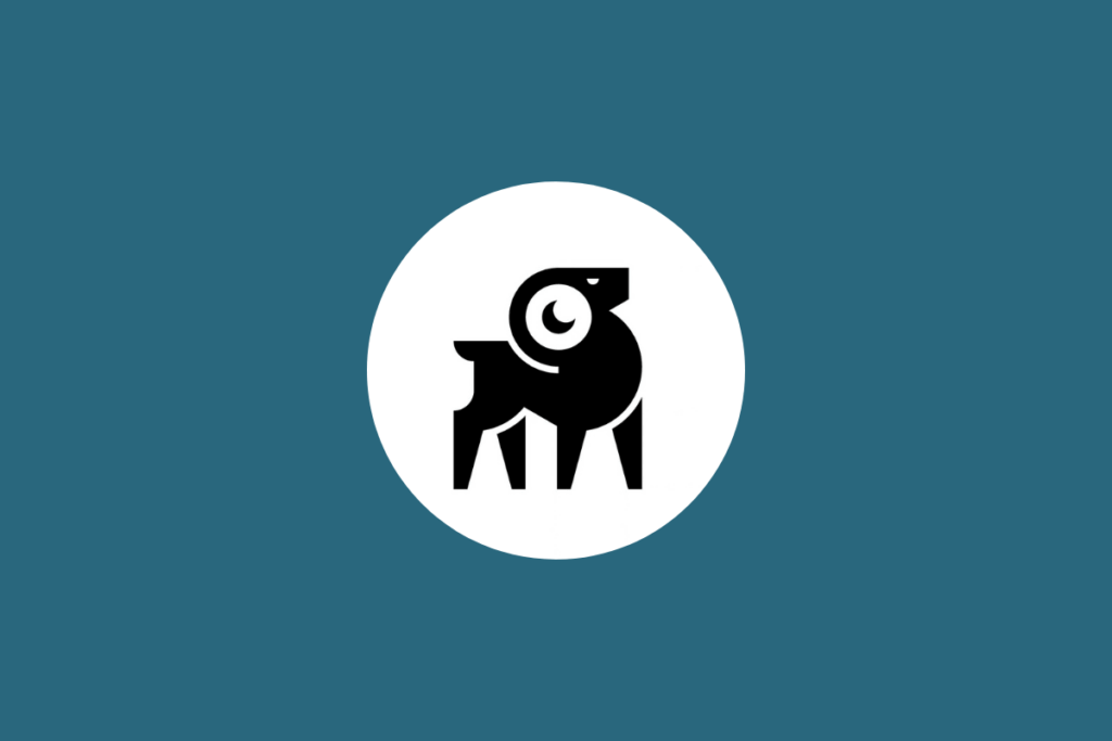 Ilustração minimalista em preto do signo de Áries, representado por um carneiro, dentro de um círculo branco sobre fundo azul-petróleo