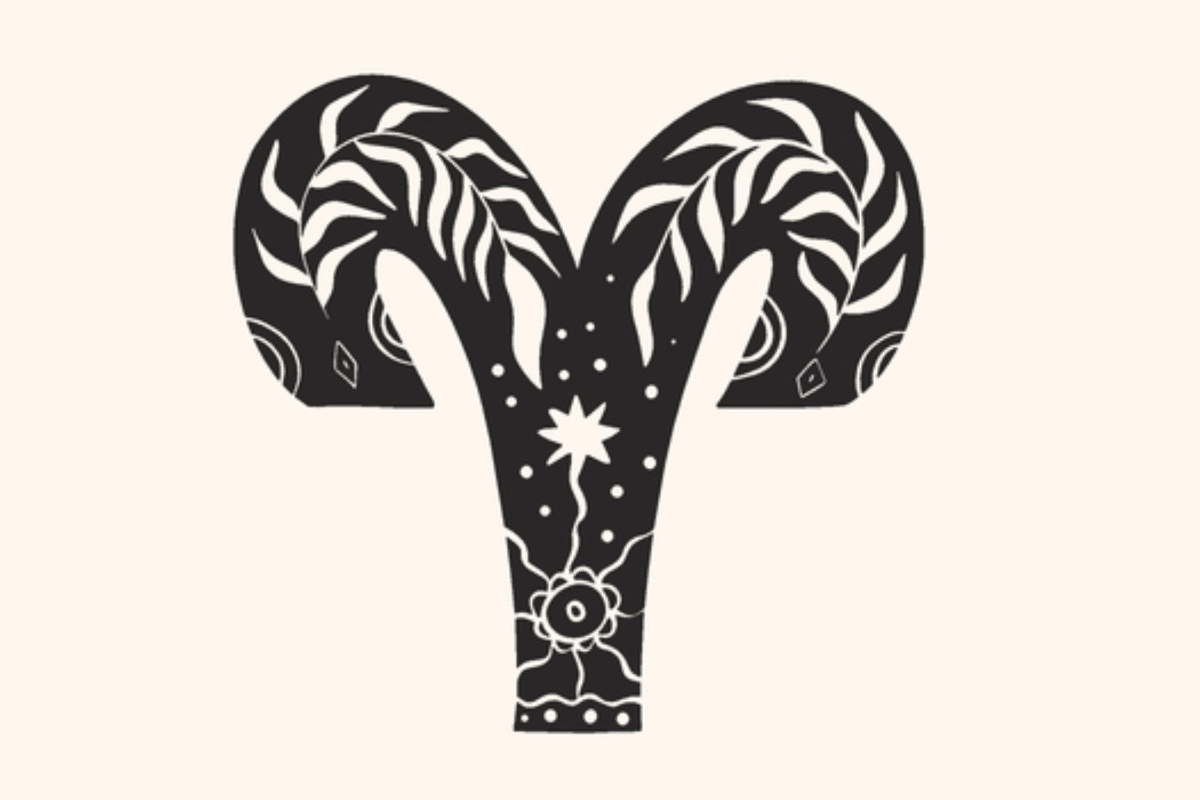 A imagem apresenta o símbolo do signo de áries em preto, centralizado sobre um fundo claro. O ícone é decorado com folhagens, pequenos pontos, formas solares e detalhes celestes, criando uma estética mística e delicada.