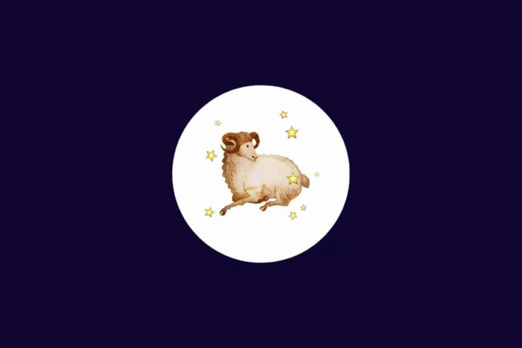 Ilustração do signo de Áries, representado por um carneiro de pelagem clara e volumosa, com grandes chifres marrons curvados. O animal aparece em posição de movimento, cercado por pequenas estrelas douradas, dentro de um círculo branco sobre um fundo roxo-escuro.
