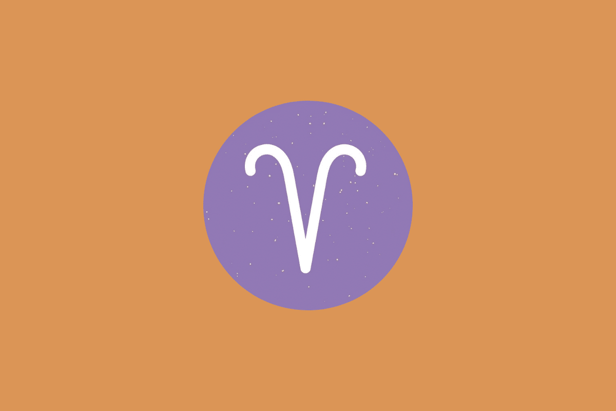 Símbolo do signo de Áries em branco sobre um círculo roxo com fundo alaranjado