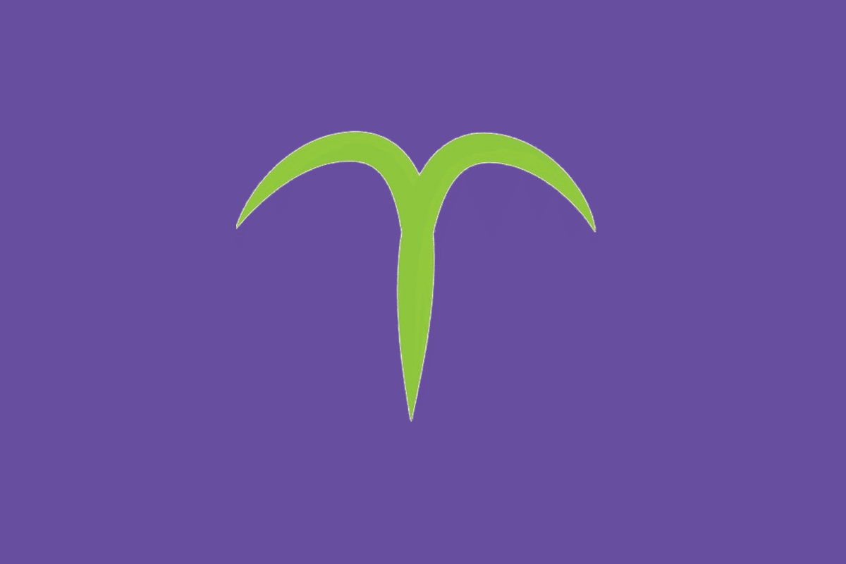 O símbolo astrológico do signo de Áries em verde-claro sobre um fundo roxo