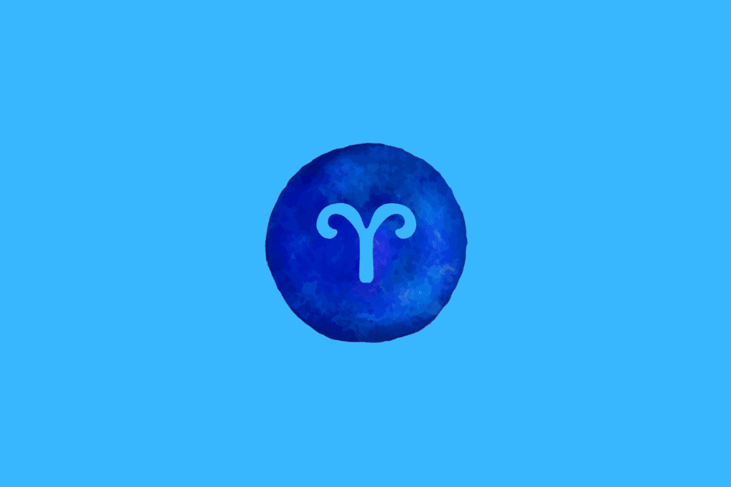 Símbolo do signo de Áries em azul sobre um círculo azul com textura aquarelada, em um fundo azul-claro.
