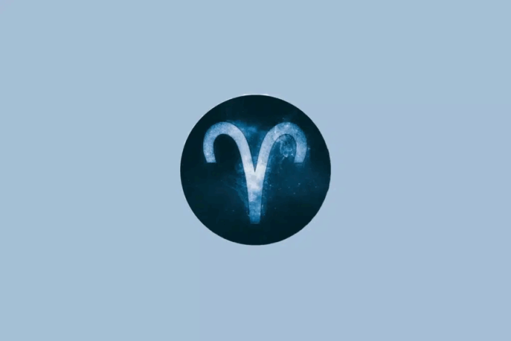 Ilustração do símbolo do signo de Áries em azul-claro, semelhante aos chifres curvados de um carneiro, com efeito luminoso e textura cósmica, centralizado em um círculo azul-escuro sobre um fundo azul-claro.