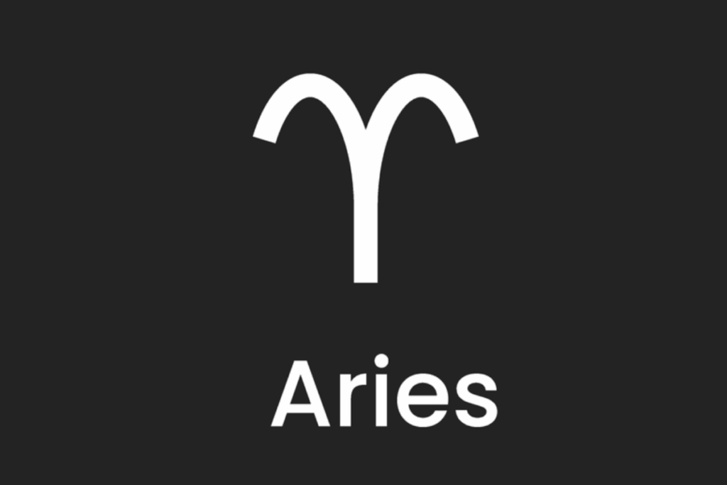 A imagem apresenta o símbolo astrológico e o nome do signo de áries em branco, centralizado sobre um fundo liso em tom cinza-escuro, quase preto