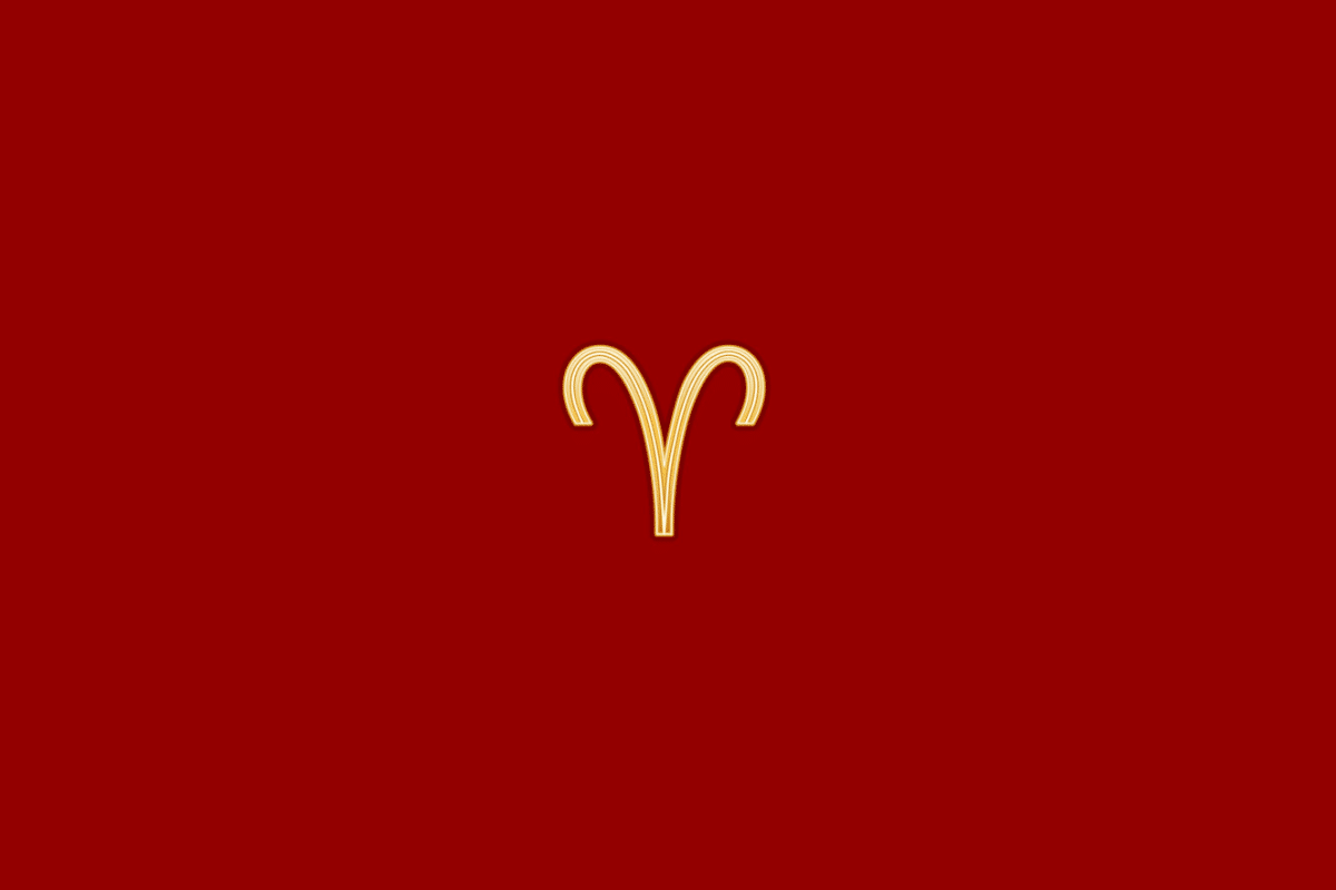 Ilustração do signo de áries em dourado, centralizado em fundo vermelho