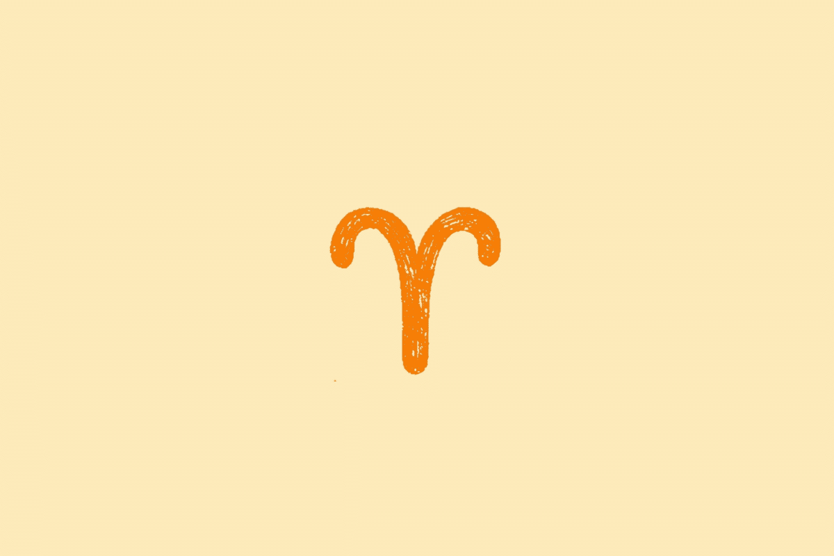 Ilustração do símbolo do signo de Áries, formado por linhas curvas que lembram os chifres de um carneiro, em laranja, sobre fundo bege-claro.