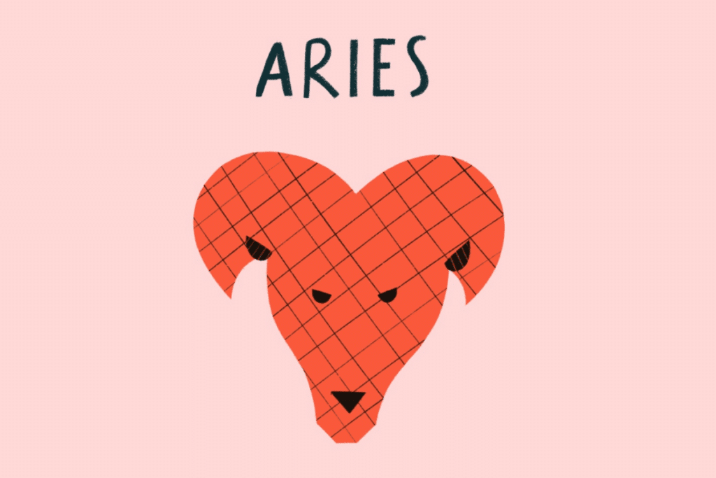 A imagem apresenta uma ilustração minimalista da cabeça de um carneiro em tom alaranjado, com grandes chifres curvados e detalhes geométricos em linhas escuras. O desenho aparece sobre um fundo rosa-claro, com o nome “ARIES” na parte superior.