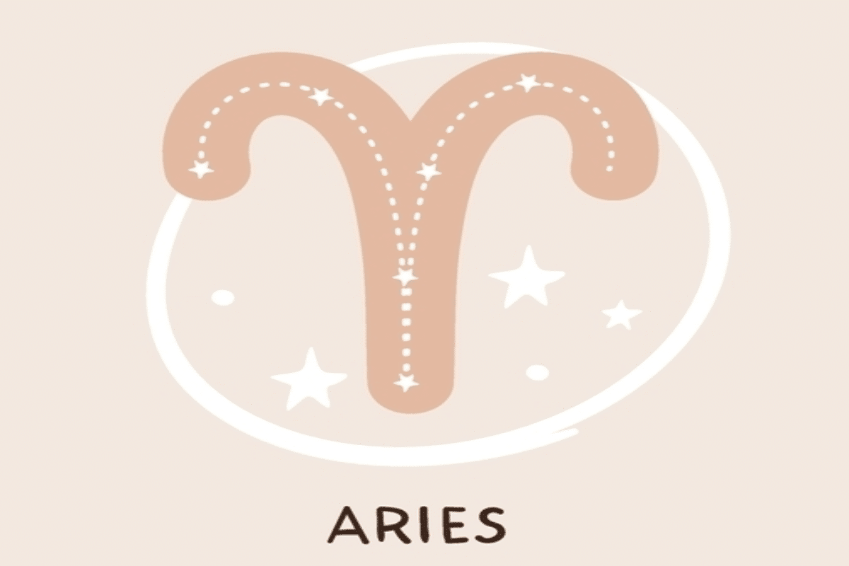 Ilustração do símbolo de Áries em tom bege, decorado internamente com linhas pontilhadas e pequenas estrelas brancas. O desenho aparece sobre fundo claro, cercado por elementos que remetem ao céu e às constelações.