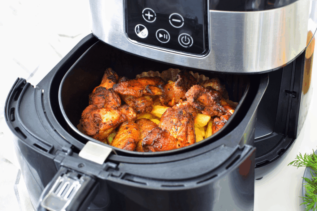 Asas e coxinhas de frango douradas e crocantes com batatas em uma air fryer prateada aberta sobre bancada branca