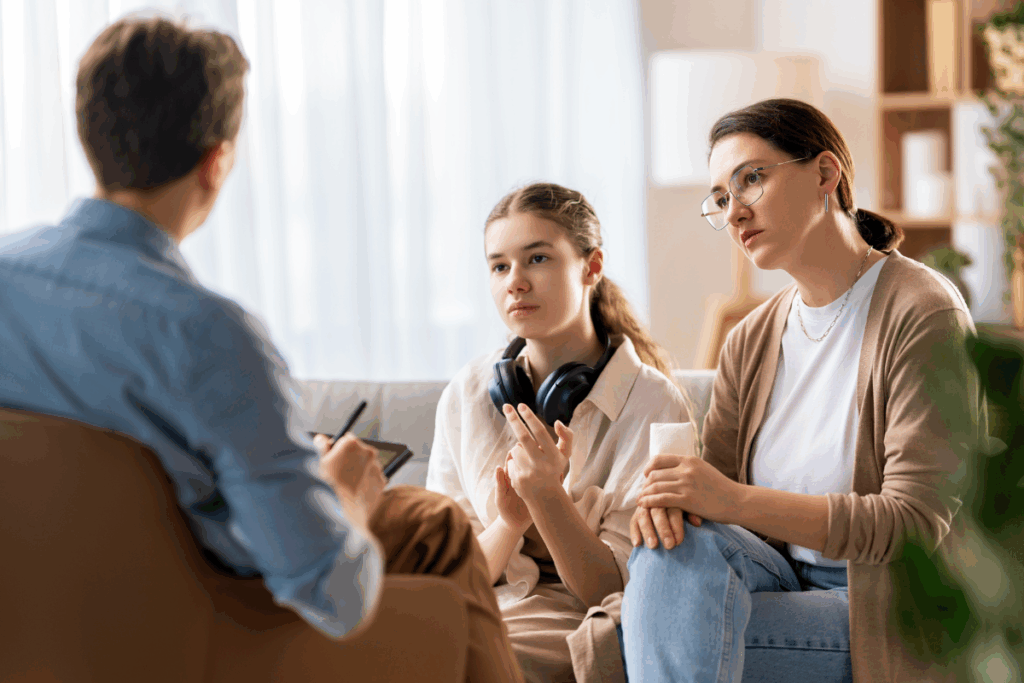 Uma sessão de terapia em andamento, mostrando um profissional de costas fazendo anotações enquanto uma jovem com fones de ouvido no pescoço e uma mulher adulta com óculos conversam sentadas em um sofá
