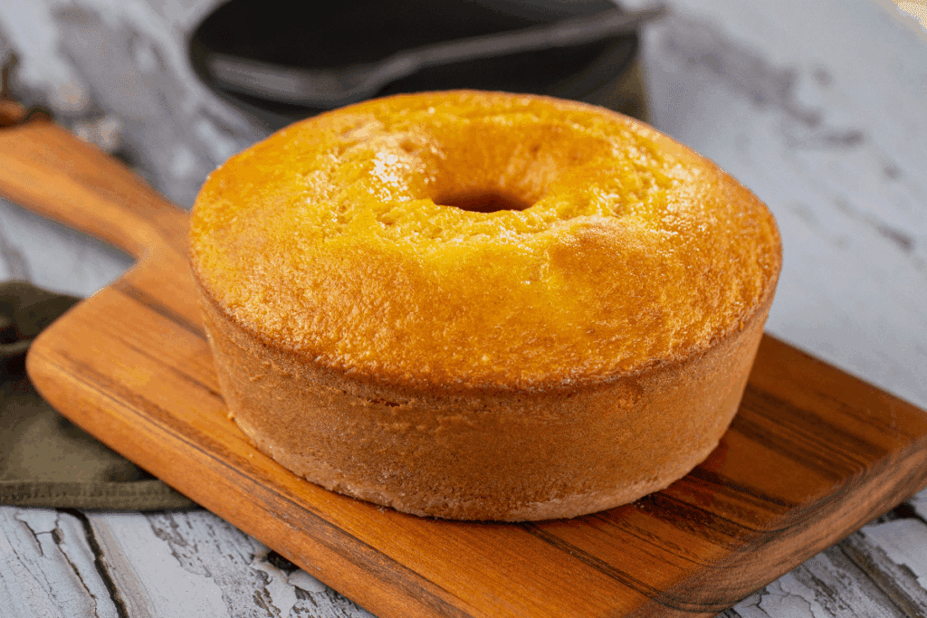 Imagem de um bolo de fubá redondo, com furo no centro, superfície dourada e levemente brilhante e laterais bem assadas. O bolo está apoiado sobre uma tábua de madeira, em uma mesa rústica clara, com um pano de tecido ao fundo, destacando seu aspecto caseiro e apetitoso.