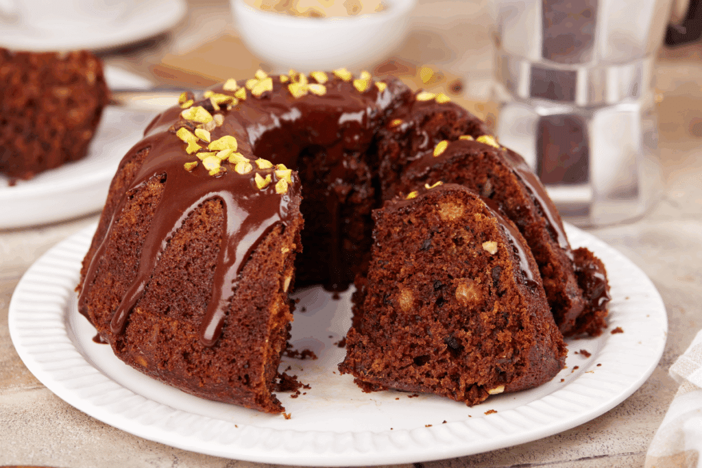 Bolo de chocolate com amêndoas e cobertura de chocolate com pistache servido em prato branco em cima de mesa de madeira