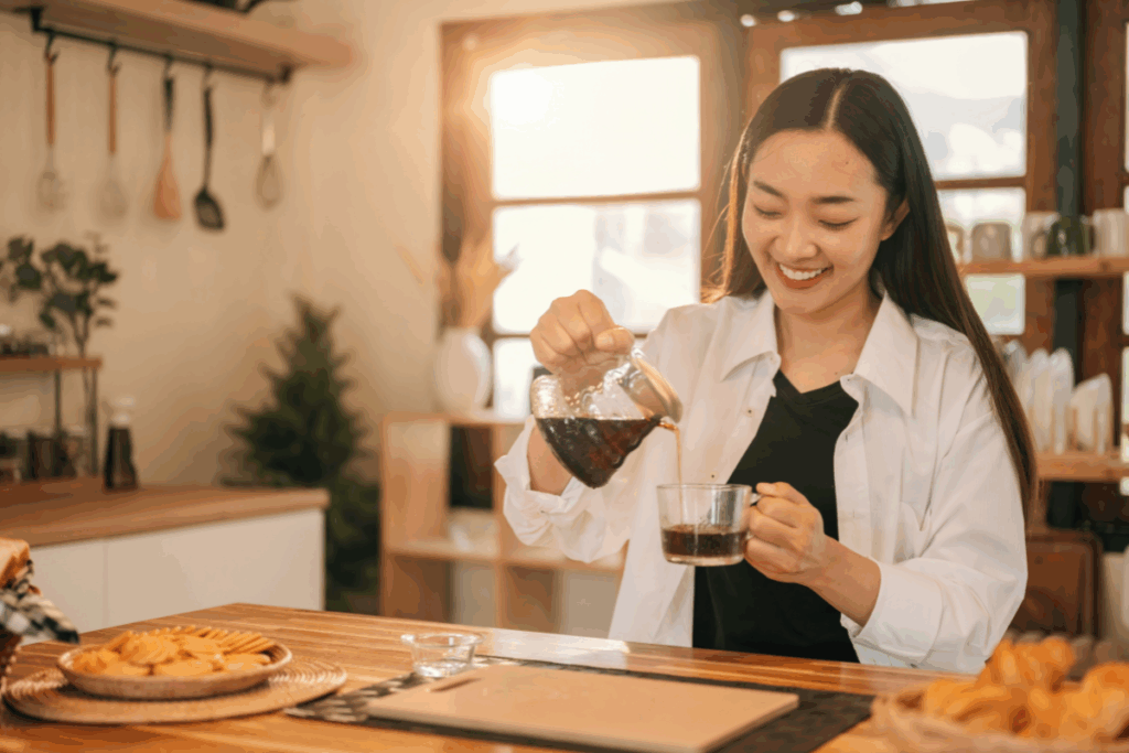 Foto de uma mulher sorridente em uma cozinha, servindo café de um jarro para uma xícara transparente sobre uma mesa de madeira com biscoitos e croissants