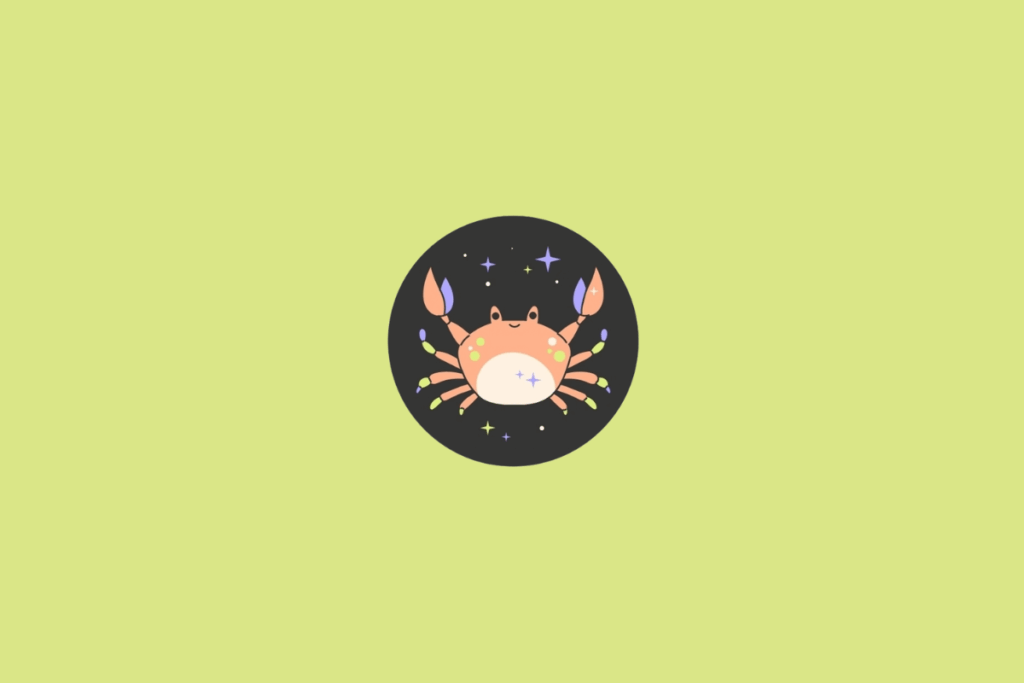 Ilustração de um caranguejo visto de frente, com corpo alaranjado, barriga creme, duas pinças levantadas e várias patas abertas para os lados. As pontas das patas apresentam detalhes em verde-limão e lilás, e o corpo tem pequenas manchas nessas mesmas cores. A imagem está dentro de um círculo preto com pequenas estrelas coloridas. Em fundo verde-claro.
