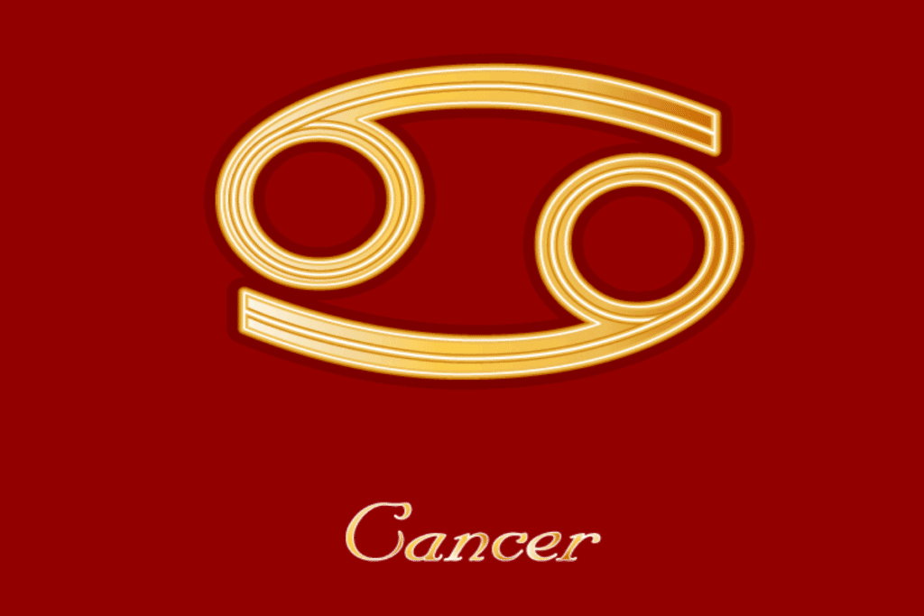 Ilustração do símbolo astrológico do signo de Câncer em dourado, formado por duas espirais opostas e linhas curvas com contornos brilhantes, sobre um fundo vermelho-escuro. Na parte inferior, aparece a palavra “Cancer”, escrita em letras douradas e cursivas.