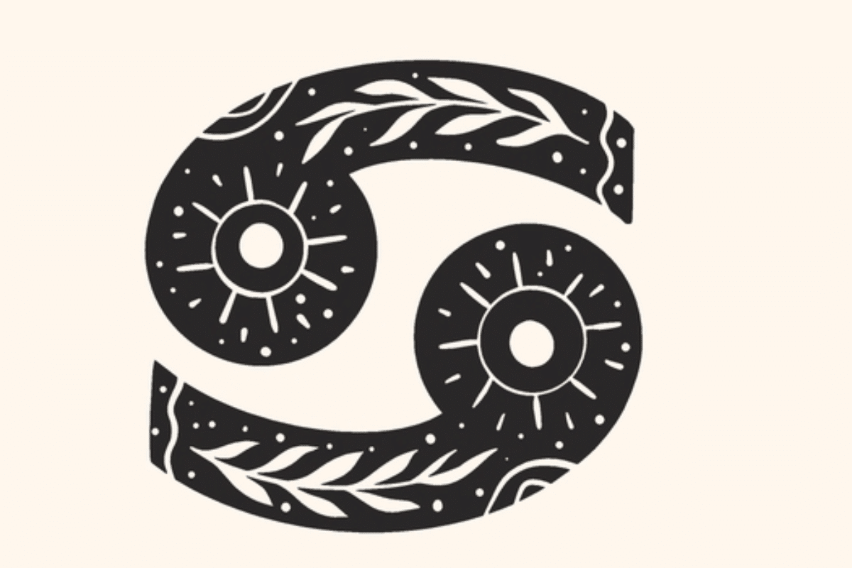 A imagem apresenta o símbolo do signo de câncer em preto, centralizado sobre um fundo claro. O ícone é decorado com folhagens, pequenos pontos, formas solares e detalhes celestes, criando uma estética mística e delicada.