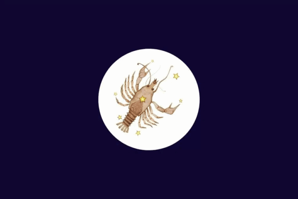 Ilustração do signo de Câncer, representado por um crustáceo marrom com grandes pinças, antenas longas e corpo segmentado. A figura aparece rodeada por estrelas douradas, dentro de um círculo branco sobre um fundo roxo-escuro.